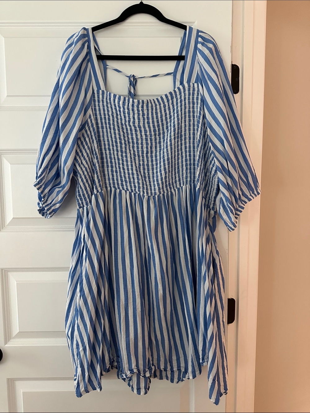 Ava & Viv Blue and White Striped Smocked Square-Neck Dress